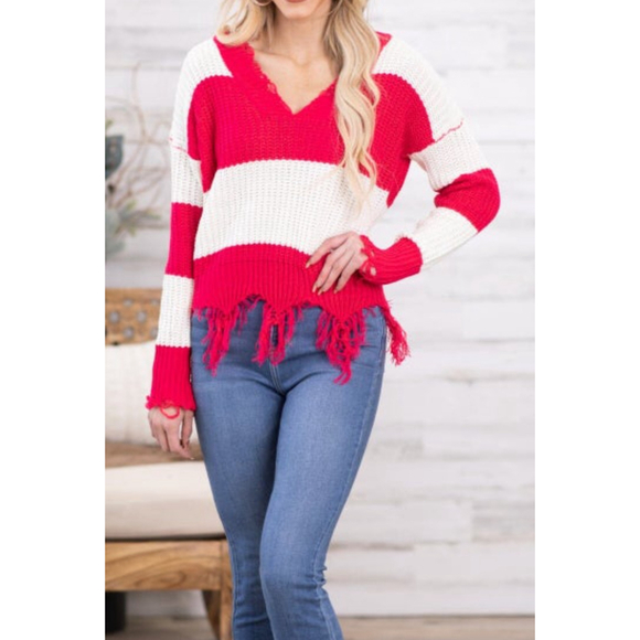 Women's Adora Red & White Striped V-Neck Sweater Fringe trim size L - Picture 3 of 4